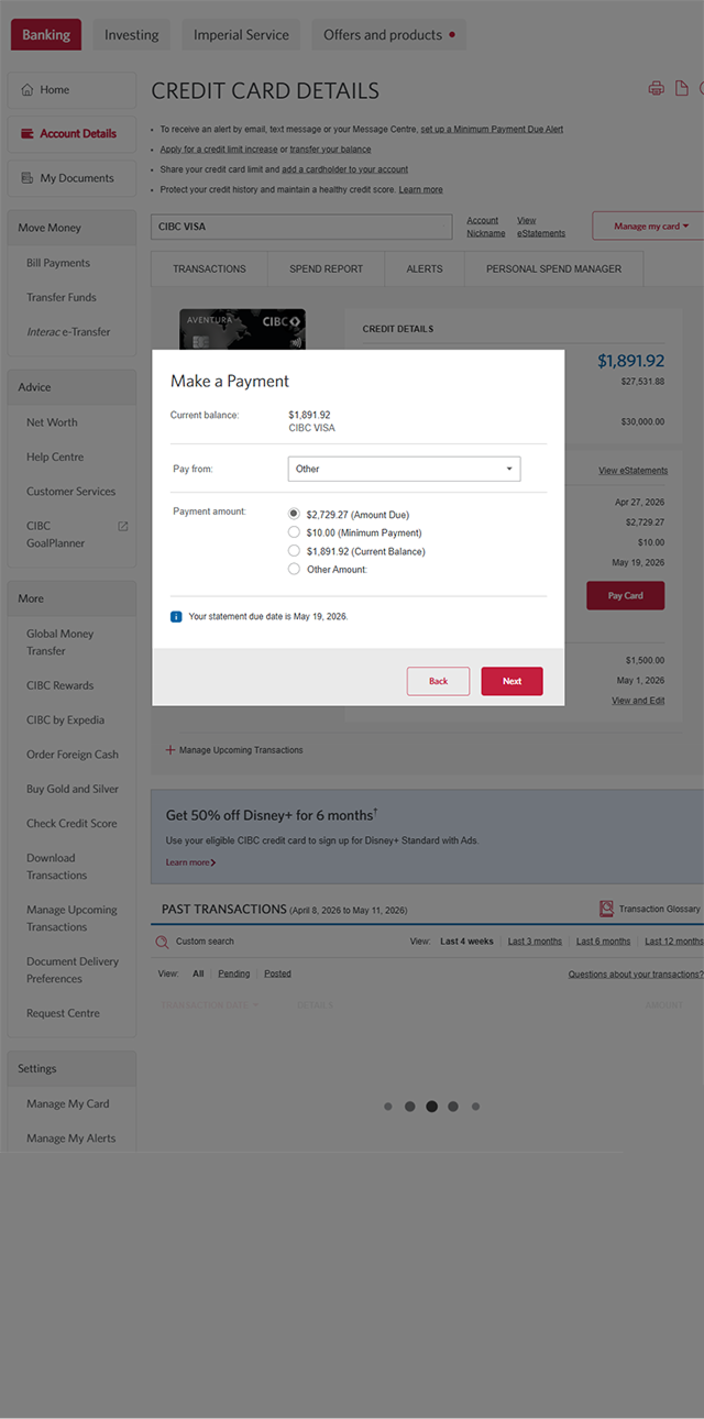 Demo screen 4: CIBC Online banking homepage, make a payment modal. A pulsing animation highlights the "Next" button.