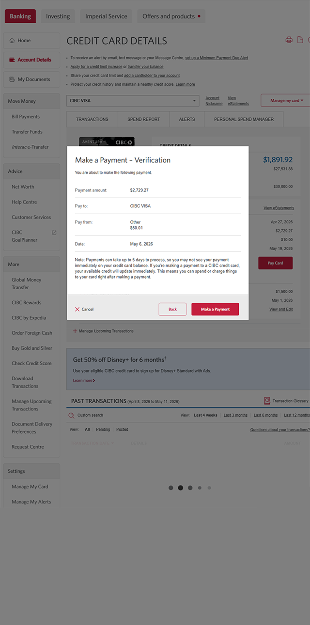 Demo screen 5: CIBC Online banking homepage. A pulsing animation highlights the "Make a payment" button.