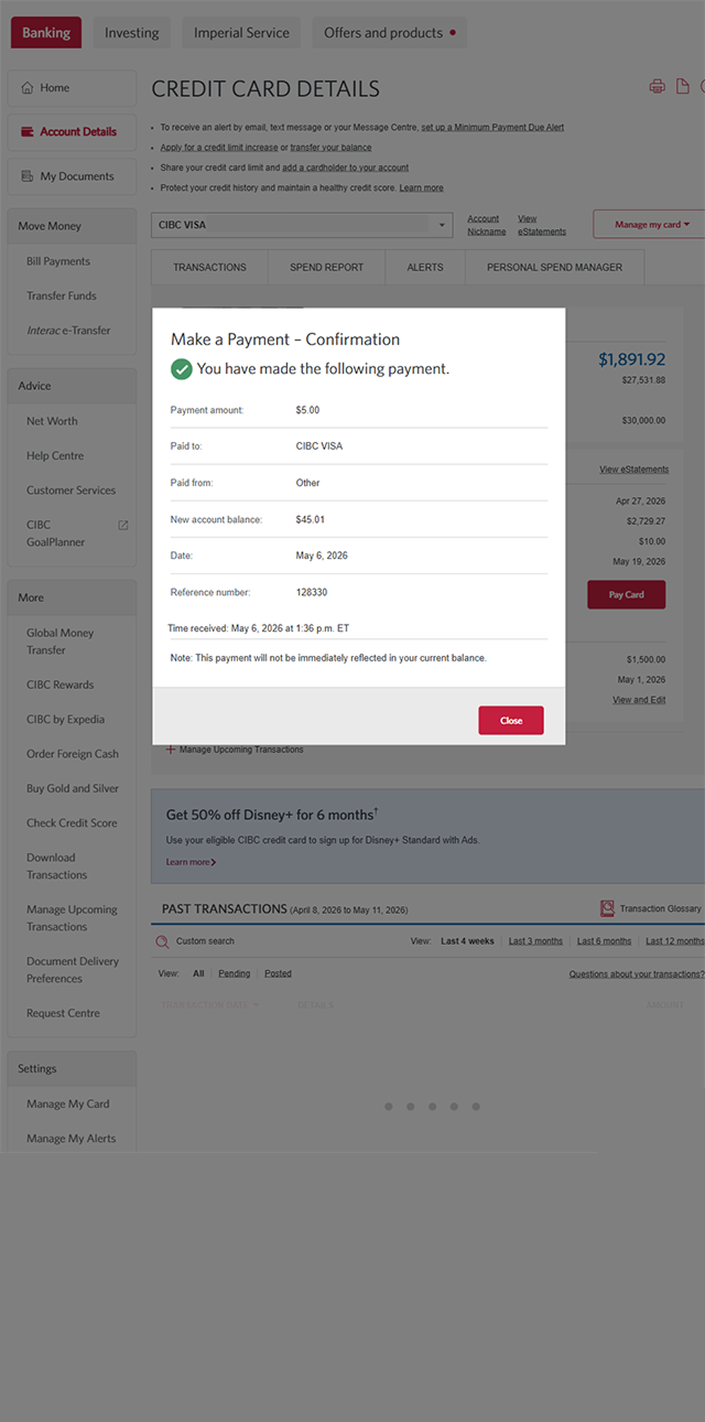 Demo screen 6: CIBC Online banking homepage, payment confirmation. No pulsing animation.