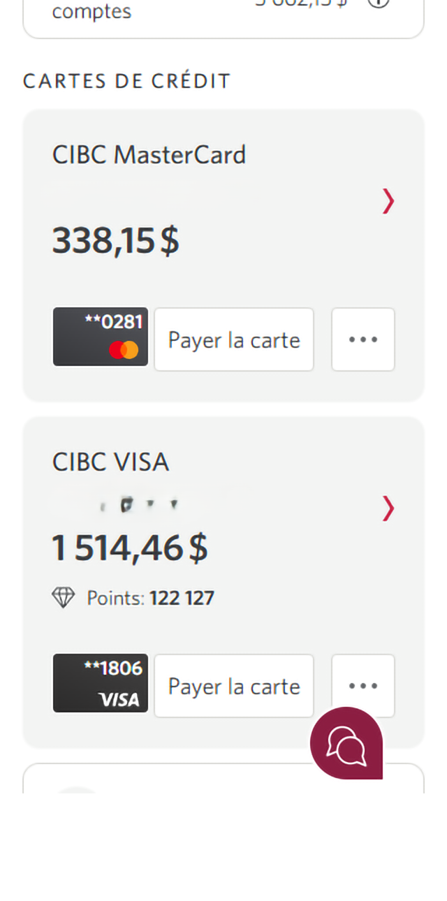 Écran 2 de la démonstration : Page d’accueil de Services bancaires CIBC en direct. Une animation dynamique met en évidence le bouton pour payer la carte.
