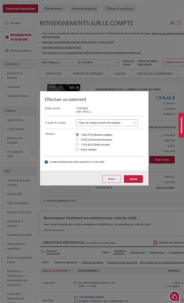Écran 3 de la démonstration : Page d’accueil de Services bancaires CIBC en direct, fenêtre modale pour effectuer un paiement. Une animation dynamique met en évidence le menu déroulant de sélection du compte.