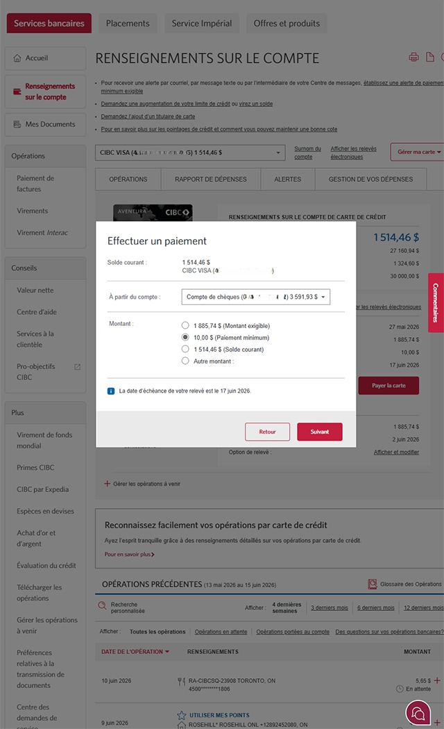 Écran 4 de la démonstration : Page d’accueil de Services bancaires CIBC en direct, fenêtre modale pour effectuer un paiement. Une animation dynamique met en évidence le bouton Suivant.