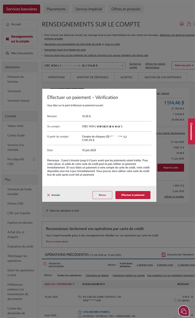 Écran 5 de la démonstration : Page d’accueil de Services bancaires CIBC en direct. Une animation dynamique met en évidence le bouton pour faire un paiement.