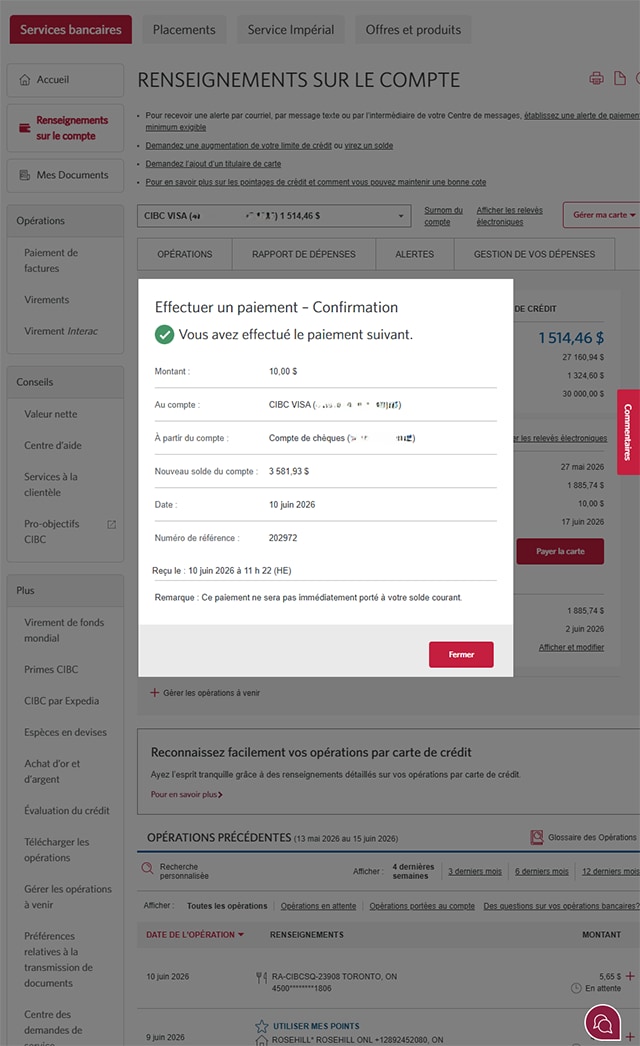 Écran 6 de la démonstration : Page d’accueil de Services bancaires CIBC en direct, confirmation de paiement. Aucune animation dynamique.