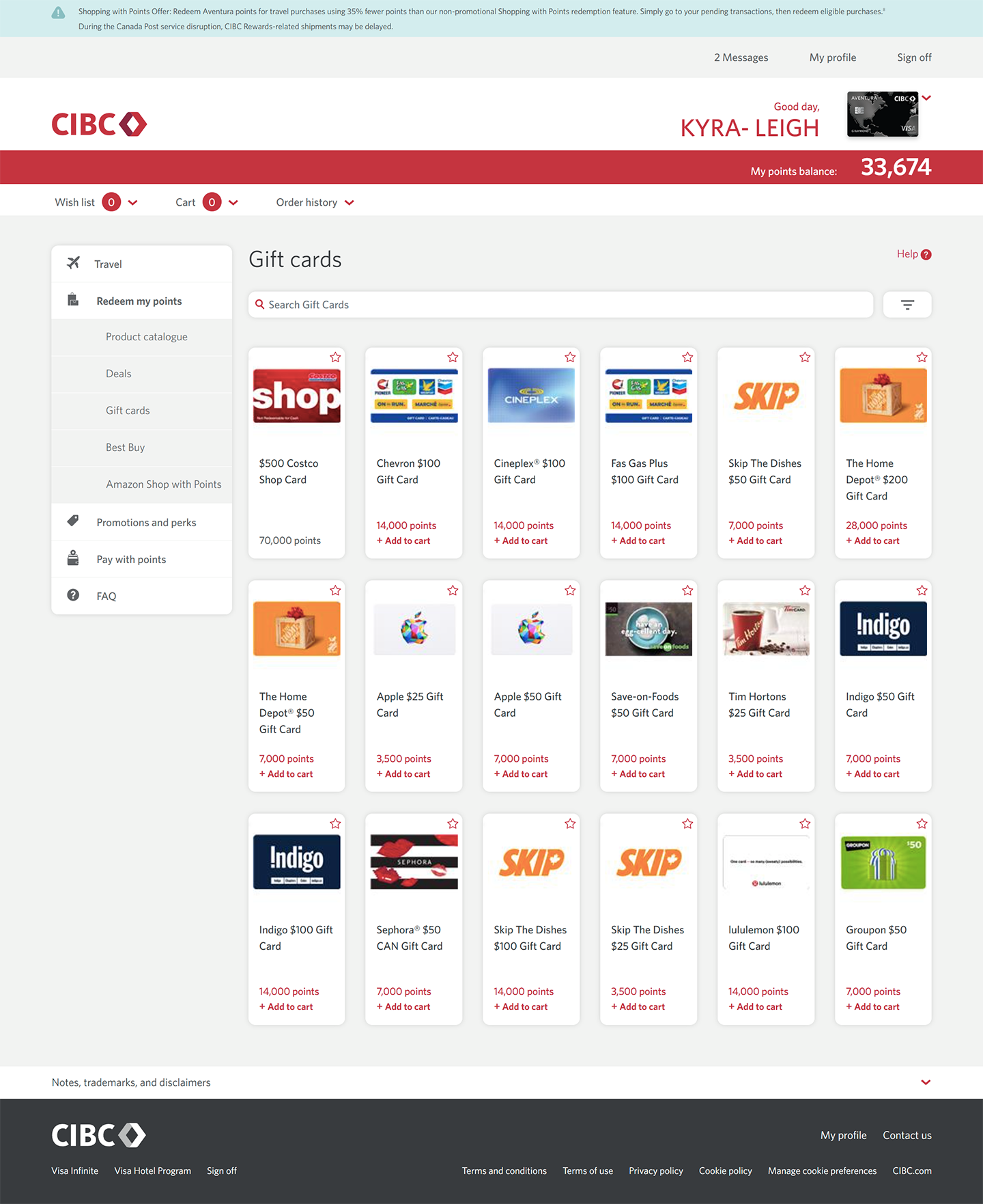 Demo screen 6: CIBC Online Banking gift card rewards. A pulsing animation highlights the "Pay with my points" link.