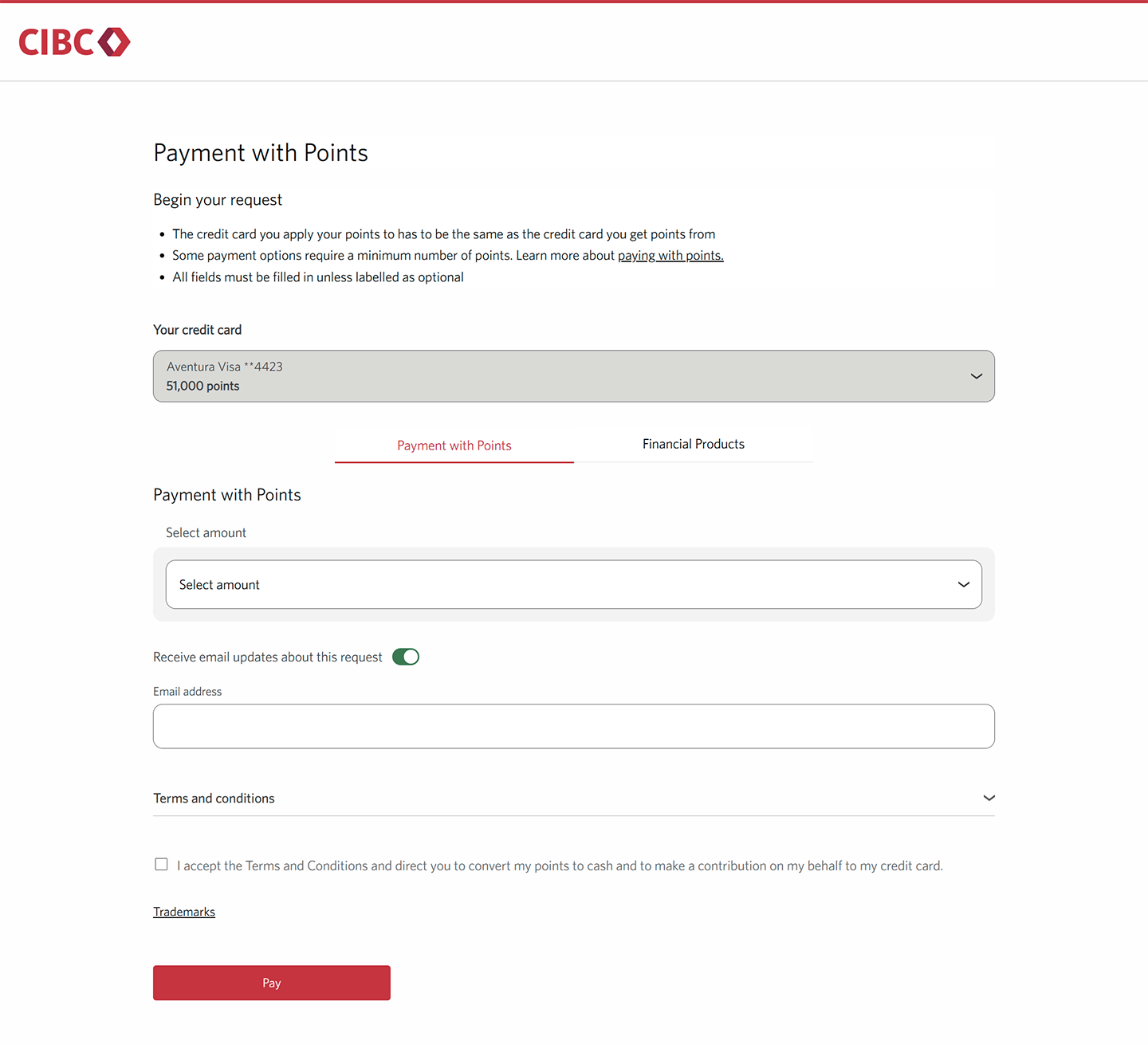 Demo screen 8: CIBC Online Banking rewards payment my points. A pulsing animation highlights the "Select amount" combo box.
