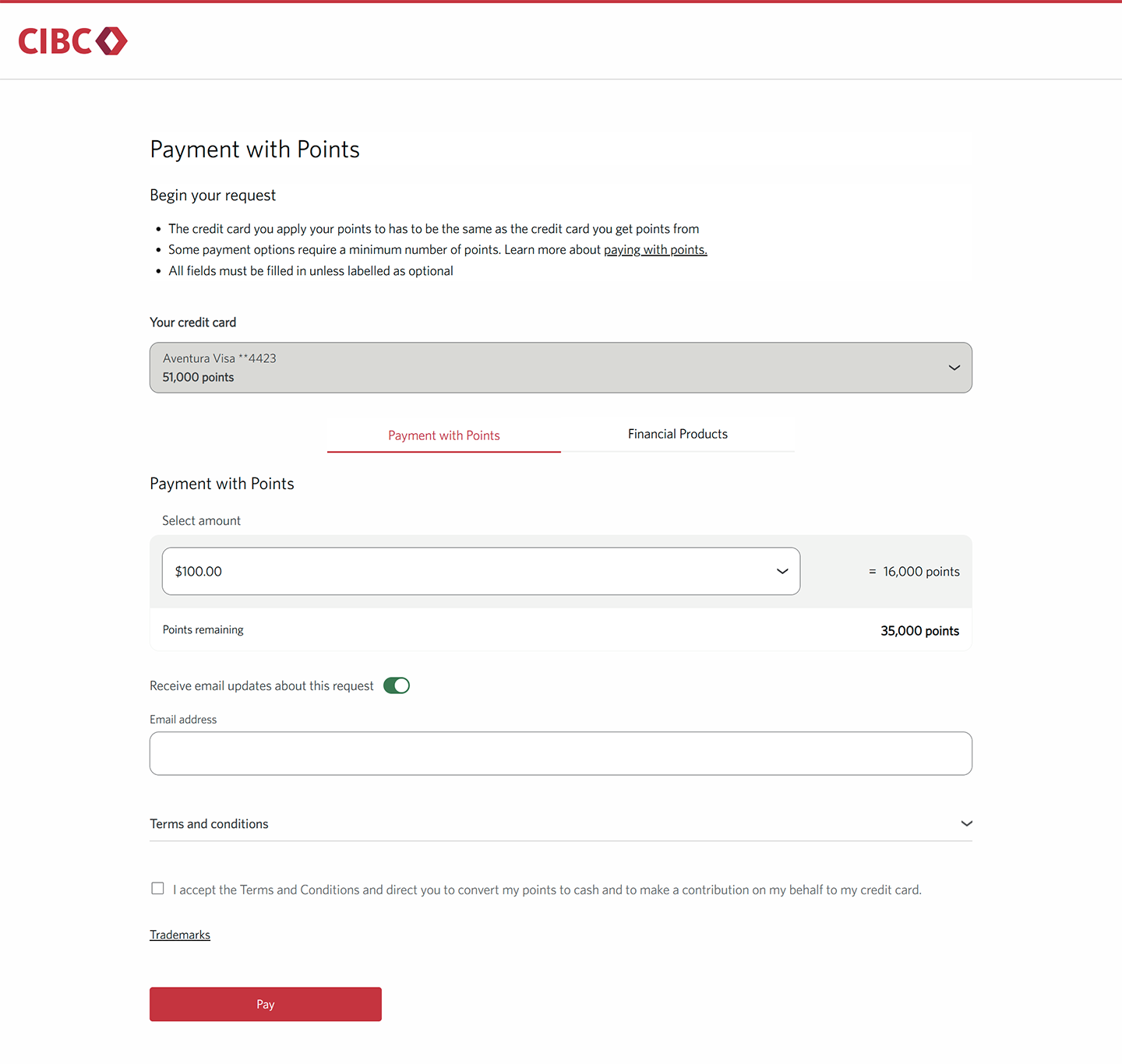 Demo screen 9: CIBC Online Banking rewards payment my points. A pulsing animation highlights the "Pay" button.
