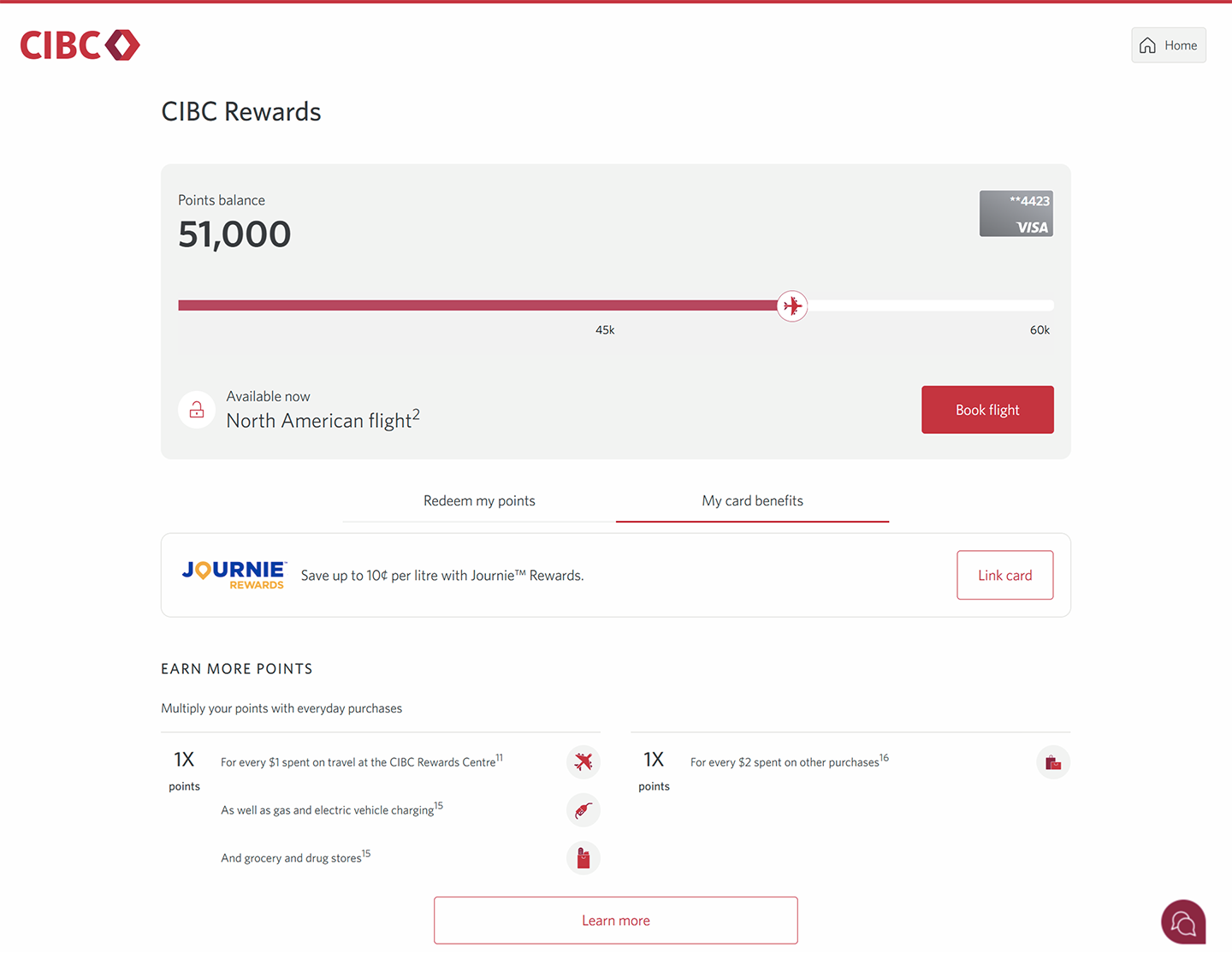 Demo screen 11: CIBC Online Banking rewards page, my benefits. A pulsing animation highlights the "Home" button.