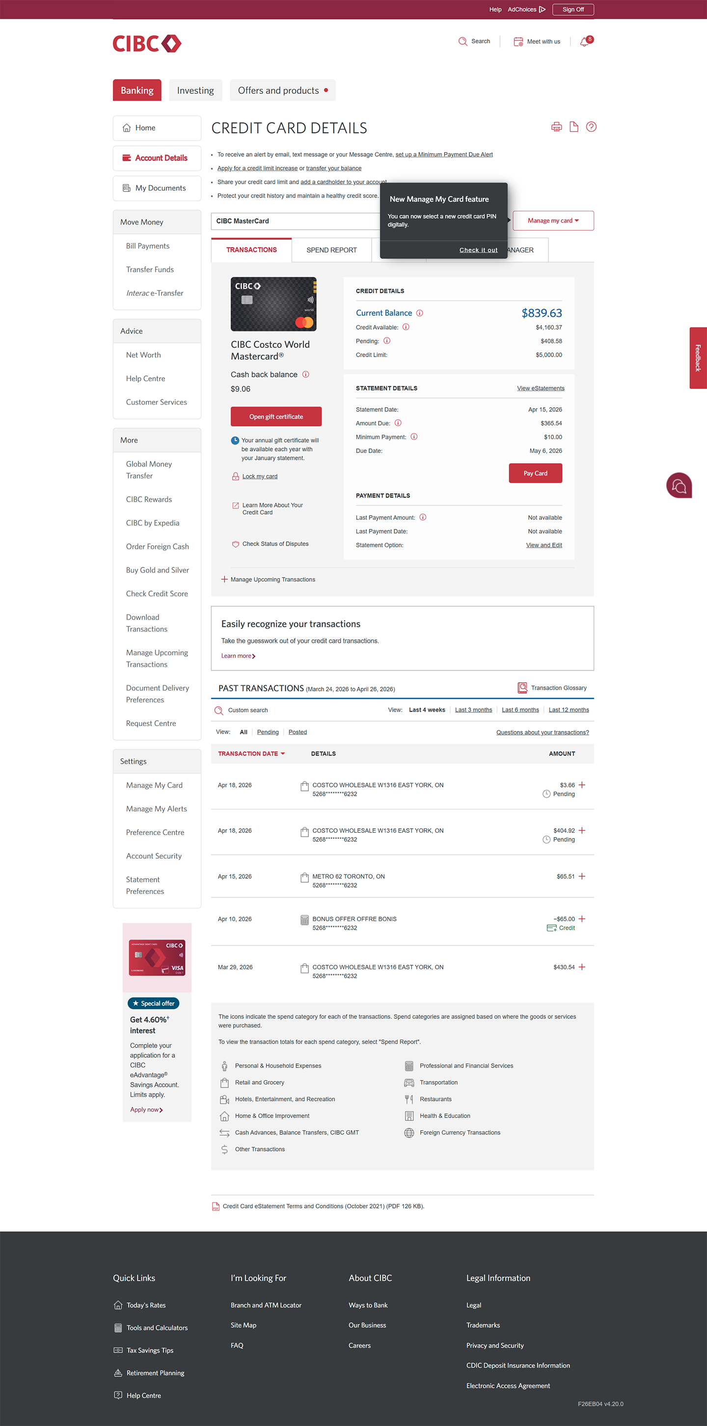 Demo screen 13: CIBC Mastercard account page. A pulsing animation highlights the "Open gift certificate" button.