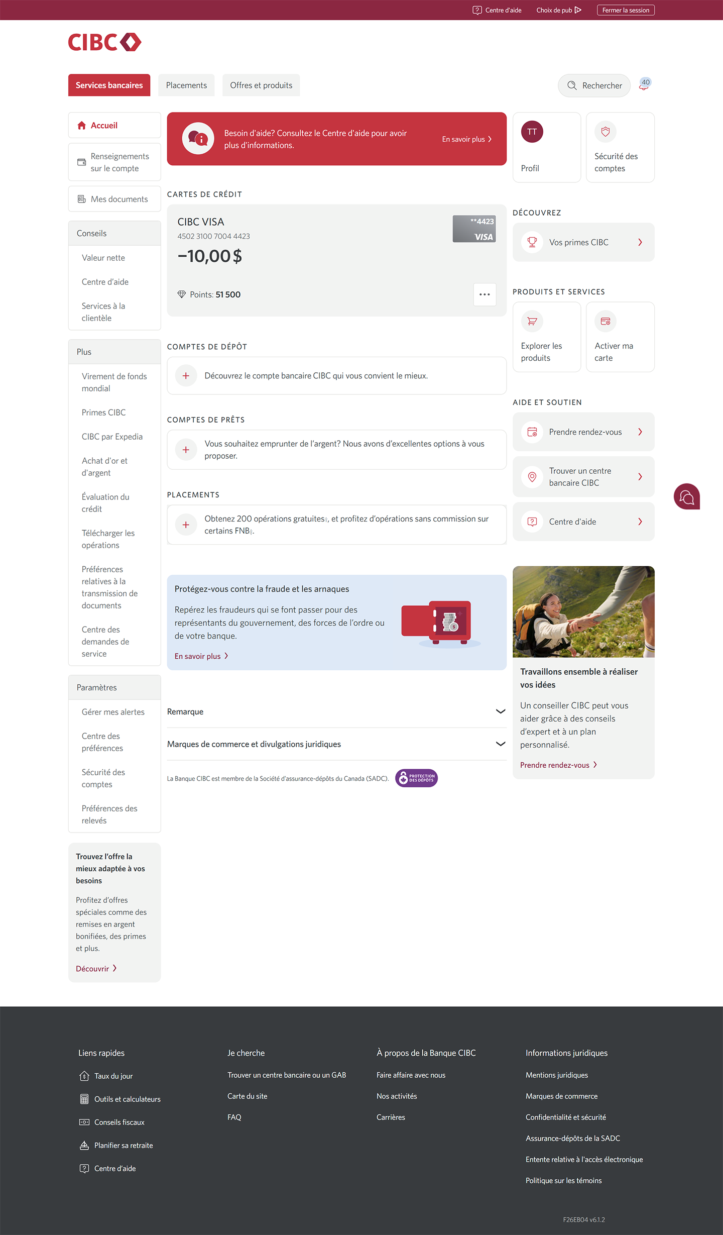 Écran 2 de la démonstration : Page d’accueil de Services bancaires CIBC en direct. Une animation dynamique met en évidence le bouton « Vos Primes CIBC ».