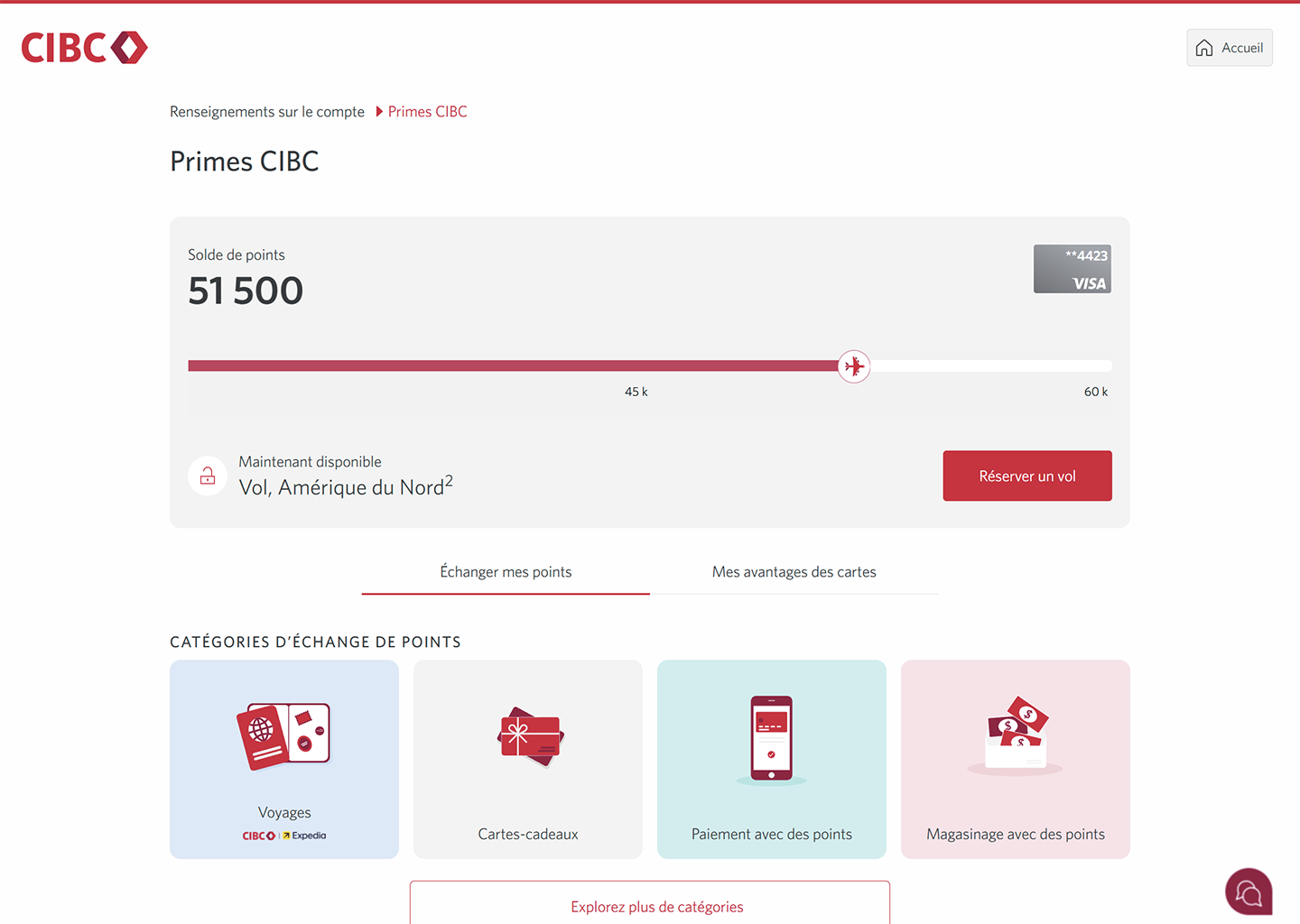 Écran 3 de la démonstration : Primes dans Services bancaires CIBC en direct. Une animation dynamique met en évidence le bouton « Voyages ».