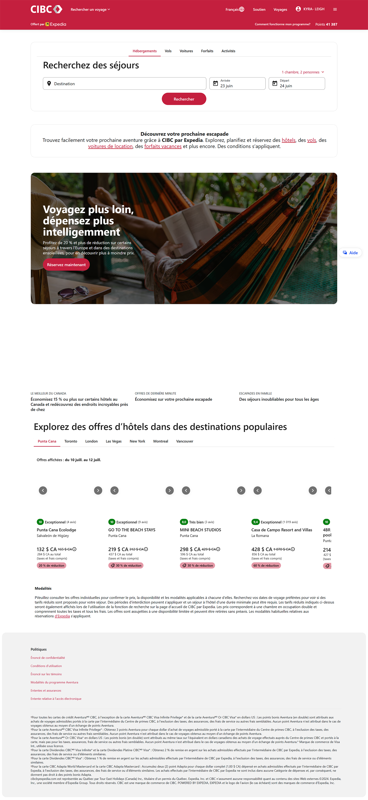Écran 4 de la démonstration : Primes voyages dans Services bancaires CIBC en direct. Une animation dynamique met en évidence le champ de recherche de séjours.