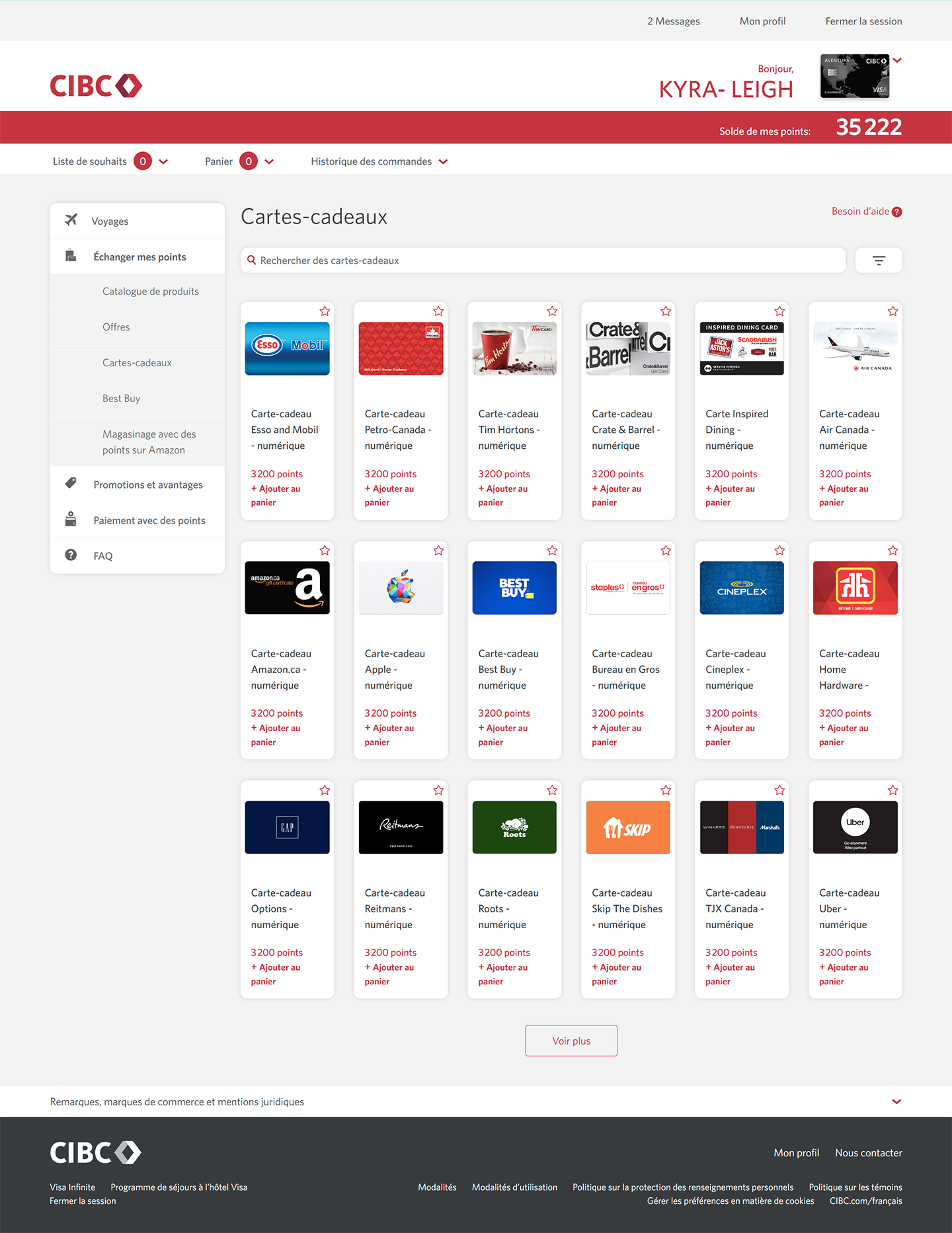 Écran 6 de la démonstration : Cartes-cadeaux en prime de Services bancaires CIBC en direct. Une animation dynamique met en évidence le lien pour payer avec des points.