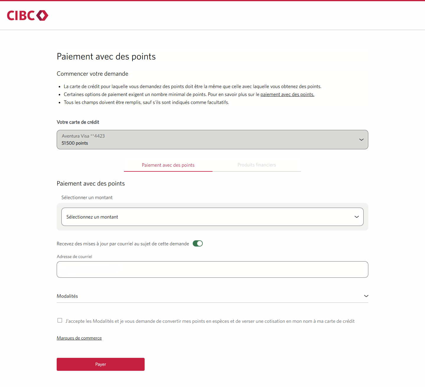 Écran 8 de la démonstration : Paiement avec mes points dans Services bancaires CIBC en direct. Une animation dynamique met en évidence la zone de liste déroulante de sélection du montant.