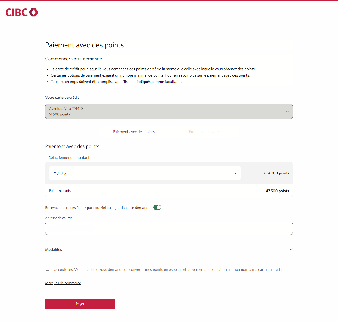 Écran 9 de la démonstration : Paiement avec mes points dans Services bancaires CIBC en direct. Une animation dynamique met en évidence le bouton « Payer ».