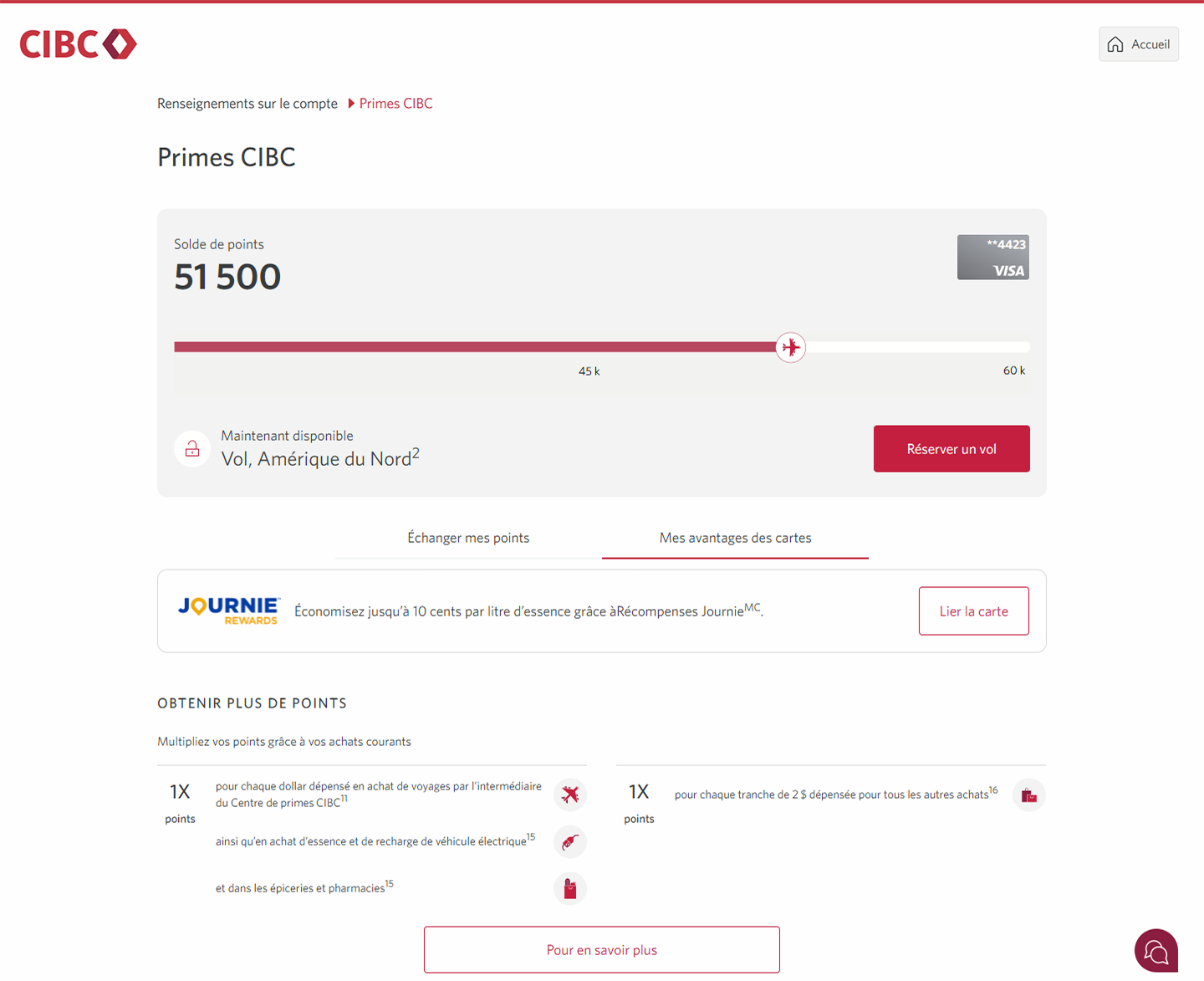 Écran 11 de la démonstration : Page des primes de Services bancaires CIBC en direct, Mes avantages. Une animation dynamique met en évidence le bouton de la page d’accueil.