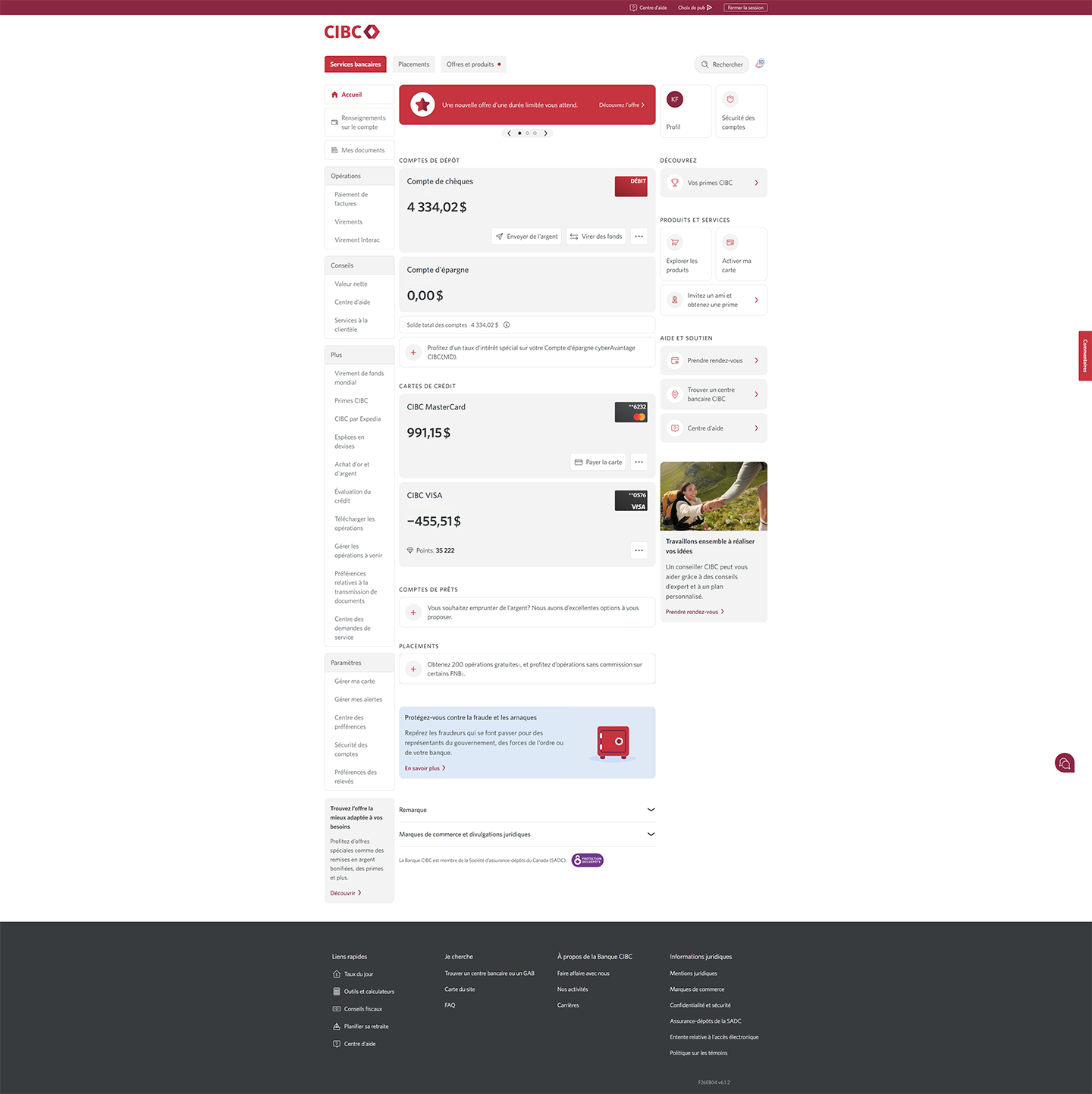 Écran 12 de la démonstration : Page d’accueil de Services bancaires CIBC en direct. Une animation dynamique met en évidence le bouton de compte CIBC MastercardMD.