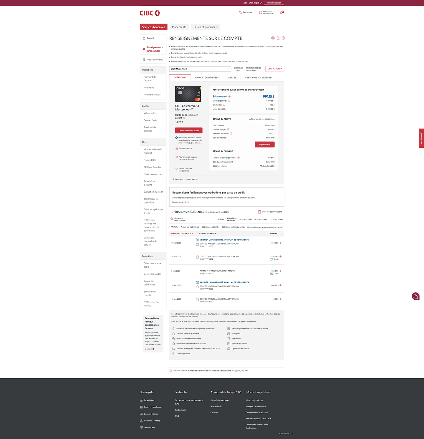 Écran 13 de la démonstration : Page du compte Mastercard CIBC. Une animation dynamique met en évidence le bouton « Ouvrir le chèque-cadeau ».