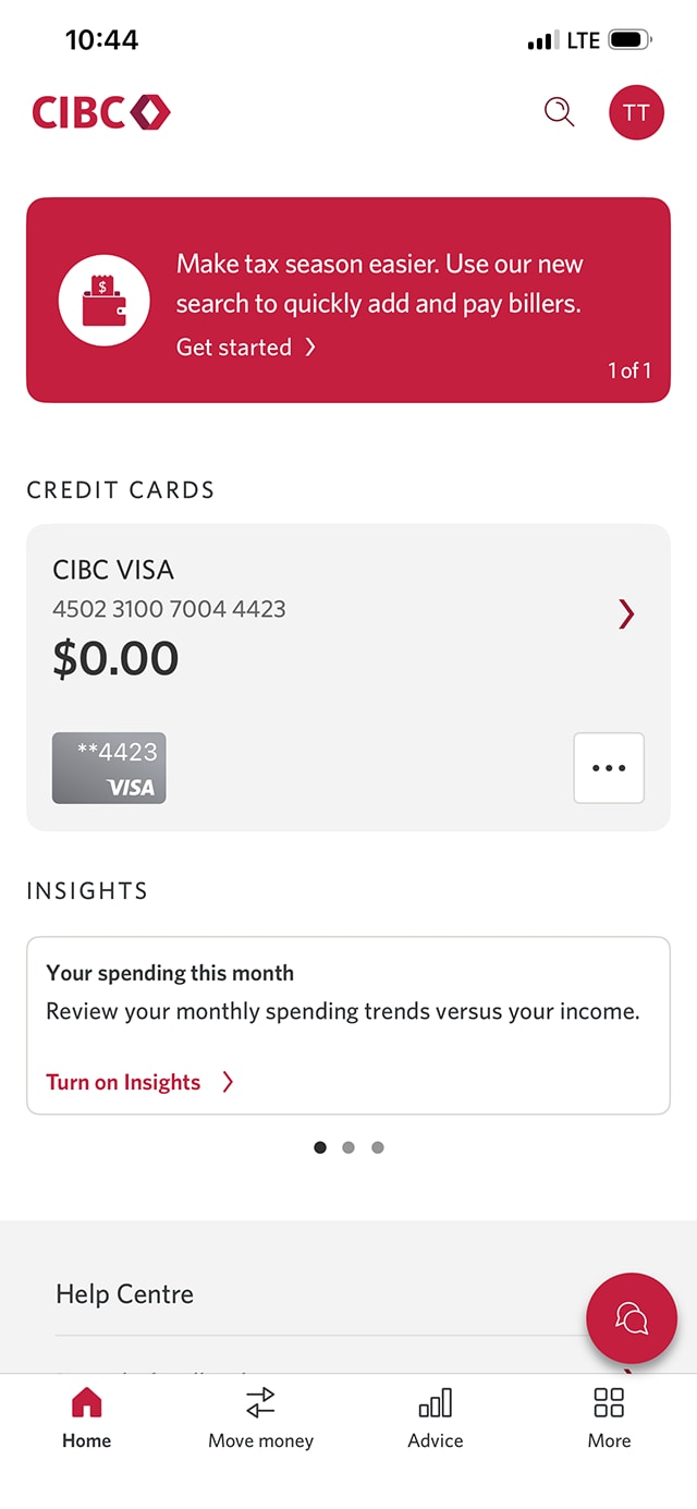 Demo screen 2: CIBC Mobile Banking App homepage. A pulsing animation highlights the "More" tab.