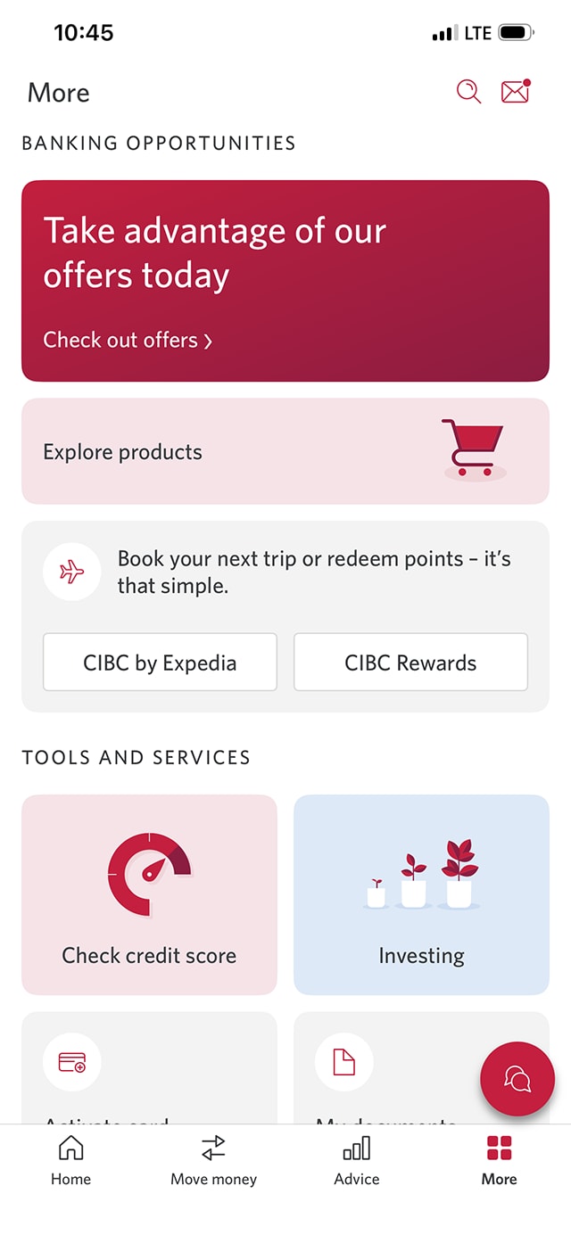 Demo screen 3: CIBC Mobile Banking App more menu. A pulsing animation highlights the "CIBC Rewards" button.