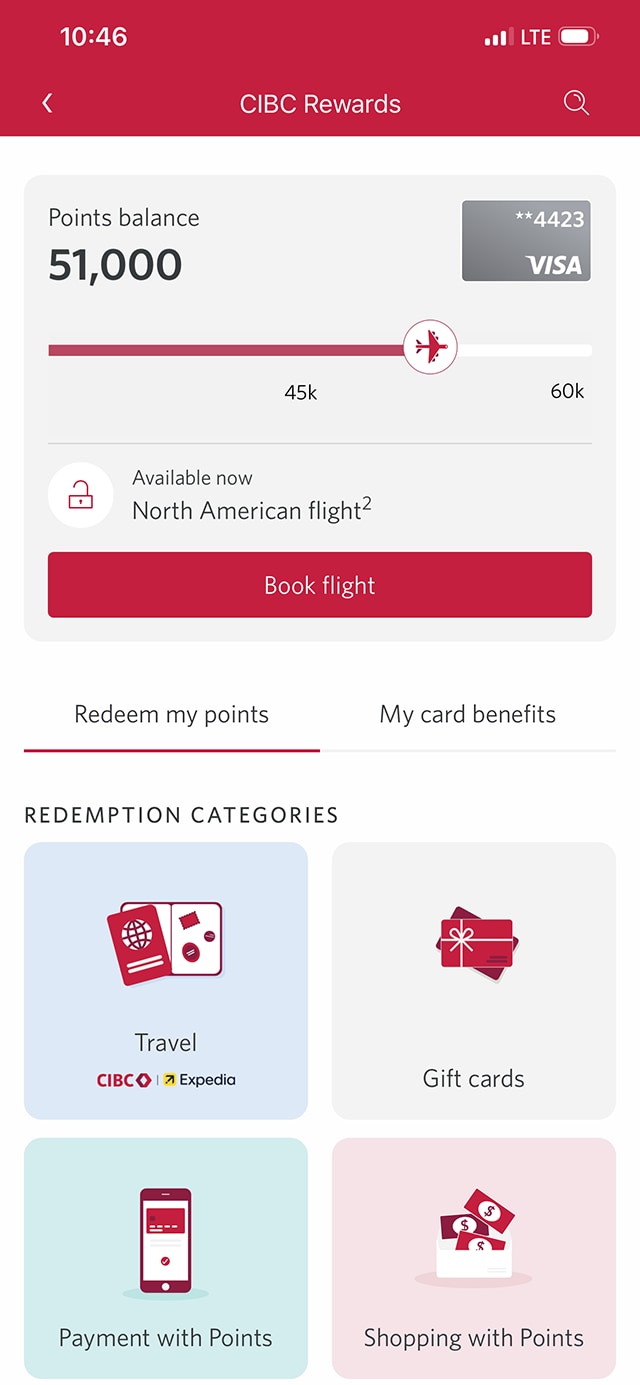 Demo screen 4: CIBC Mobile Banking App rewards. A pulsing animation highlights the "Travel" button.