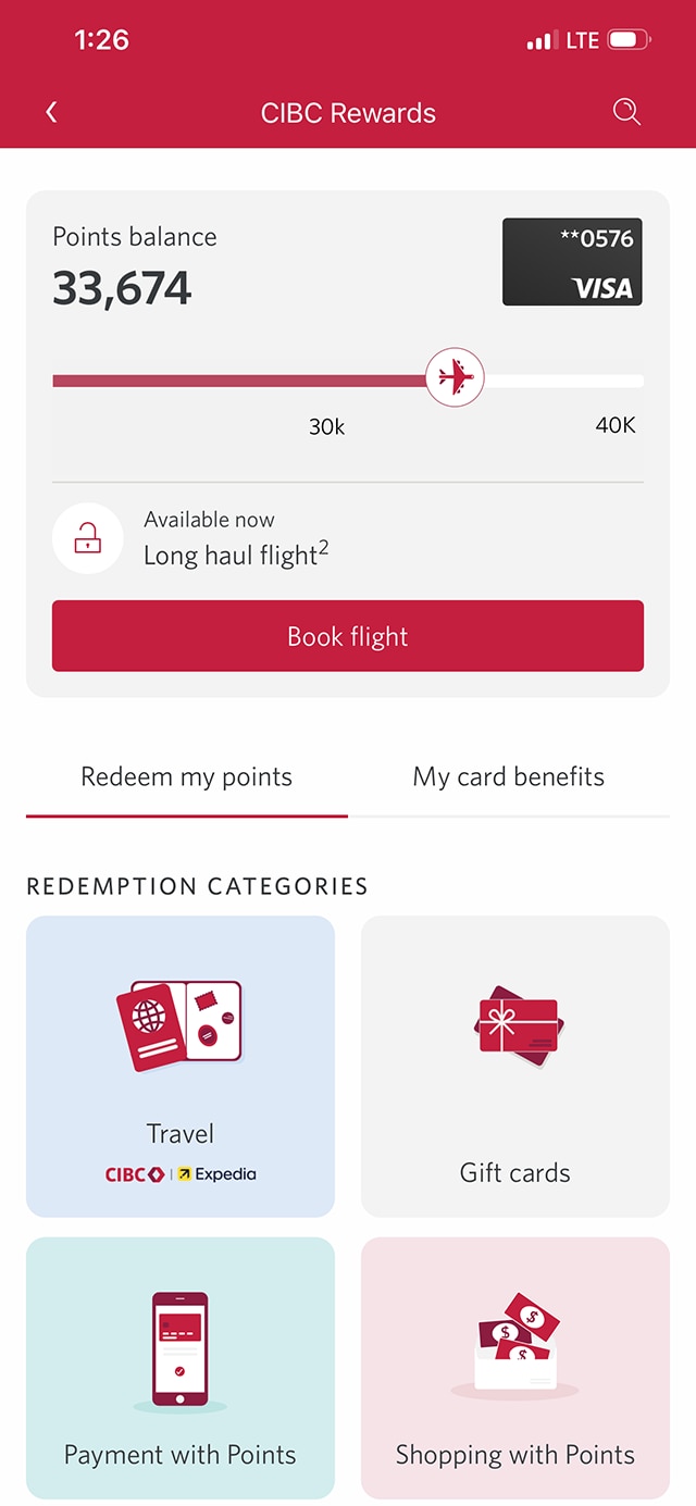 Demo screen 6: CIBC Mobile Banking App Rewards page. A pulsing animation highlights the "Gift cards" button.