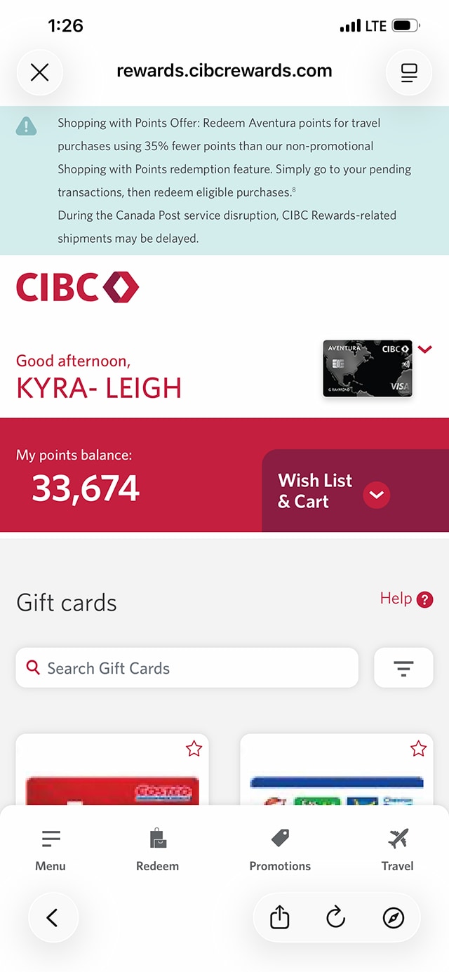 Demo screen 7: CIBC Mobile App gift card rewards page. A pulsing animation highlights the "close window" button.