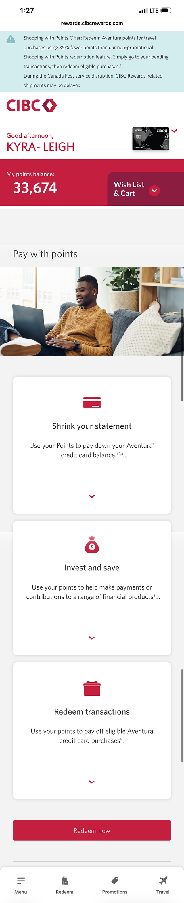 Demo screen 9: CIBC Mobile App redeem rewards page. A pulsing animation highlights the "Redeem now" button.