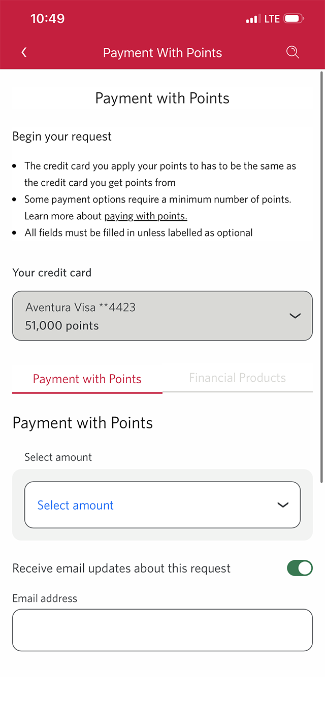 Demo screen 10: CIBC Mobile App redeem rewards page. A pulsing animation highlights the "Select amount" dropdown menu.