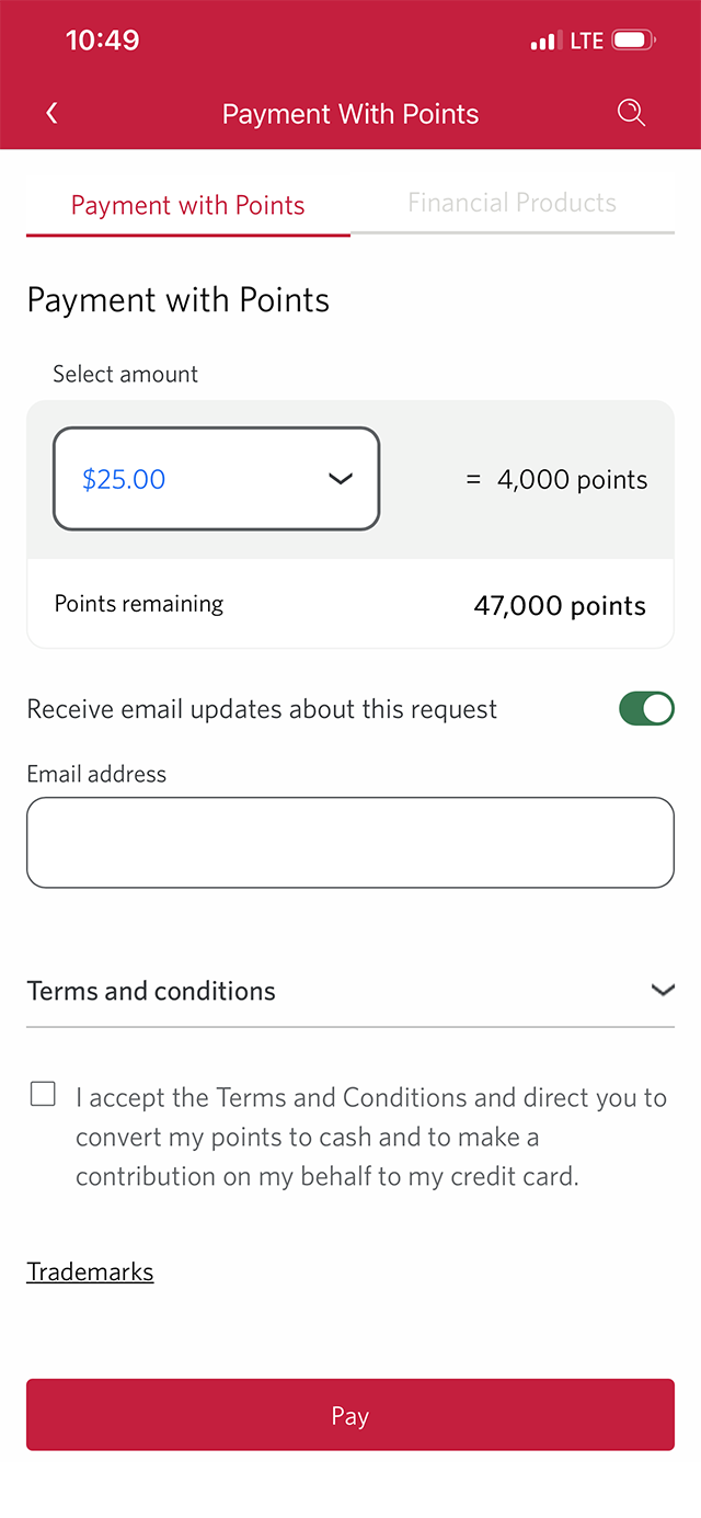 Demo screen 11: CIBC Mobile App redeem rewards page. A pulsing animation highlights the "Pay" button.