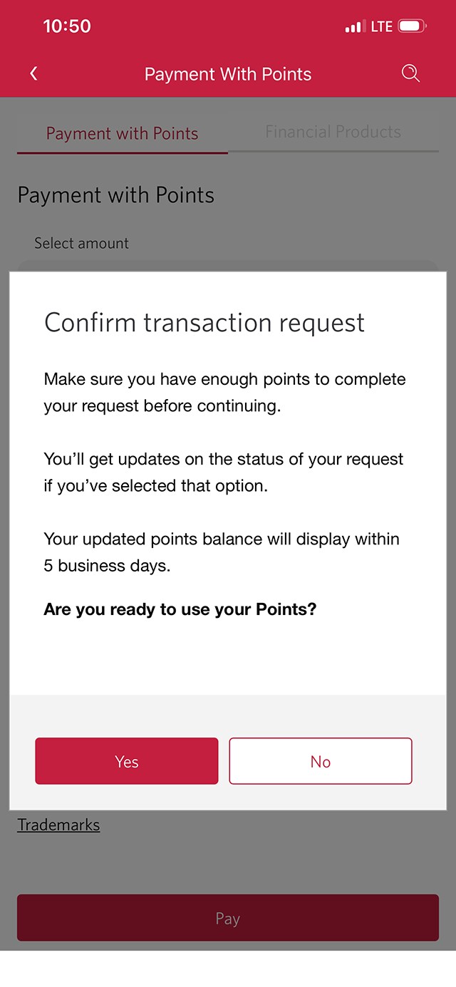 Demo screen 12: CIBC Mobile App redeem rewards confirm transaction. A pulsing animation highlights the "Yes" button.