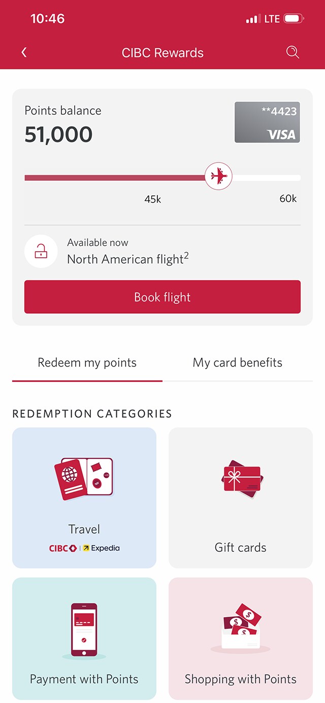 Demo screen 13: CIBC Mobile App rewards page. A pulsing animation highlights the "My card benefits" tab.
