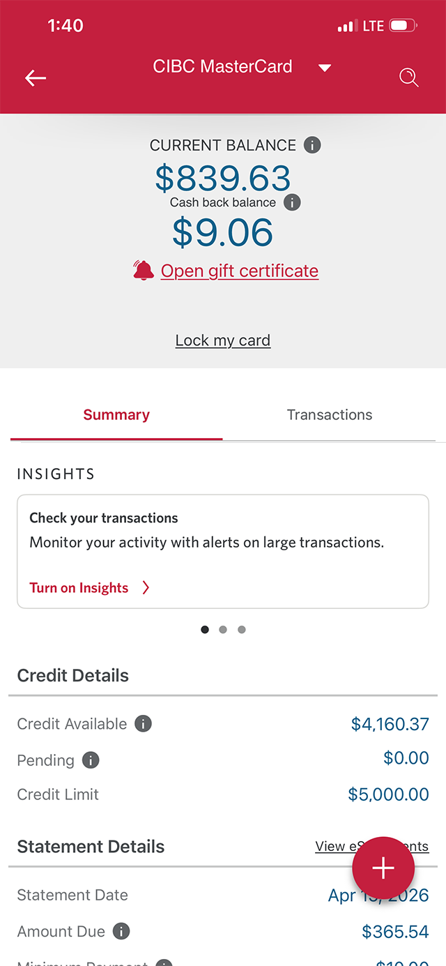 Demo screen 16: CIBC Mobile App CIBC Mastercard Account. A pulsing animation highlights the "Open gift certificate" link.