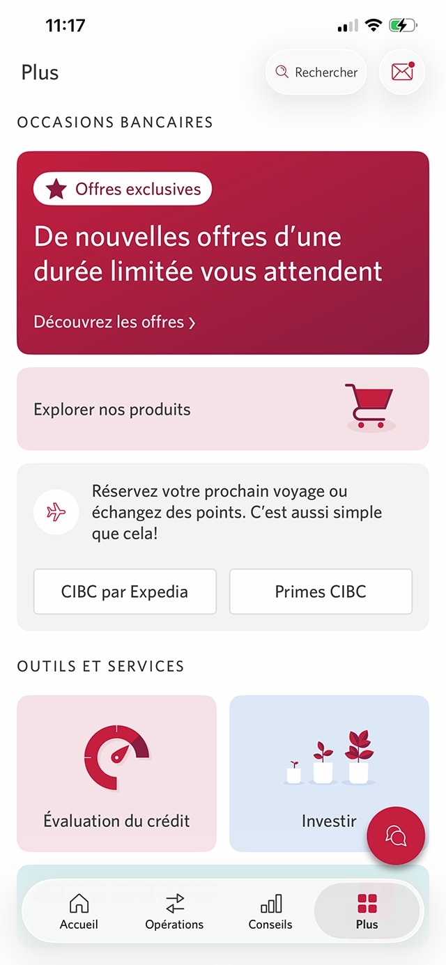 Écran 3 de la démonstration : Menu Plus de l’application Services bancaires mobiles CIBC. Une animation dynamique met en évidence le bouton « Primes CIBC ».