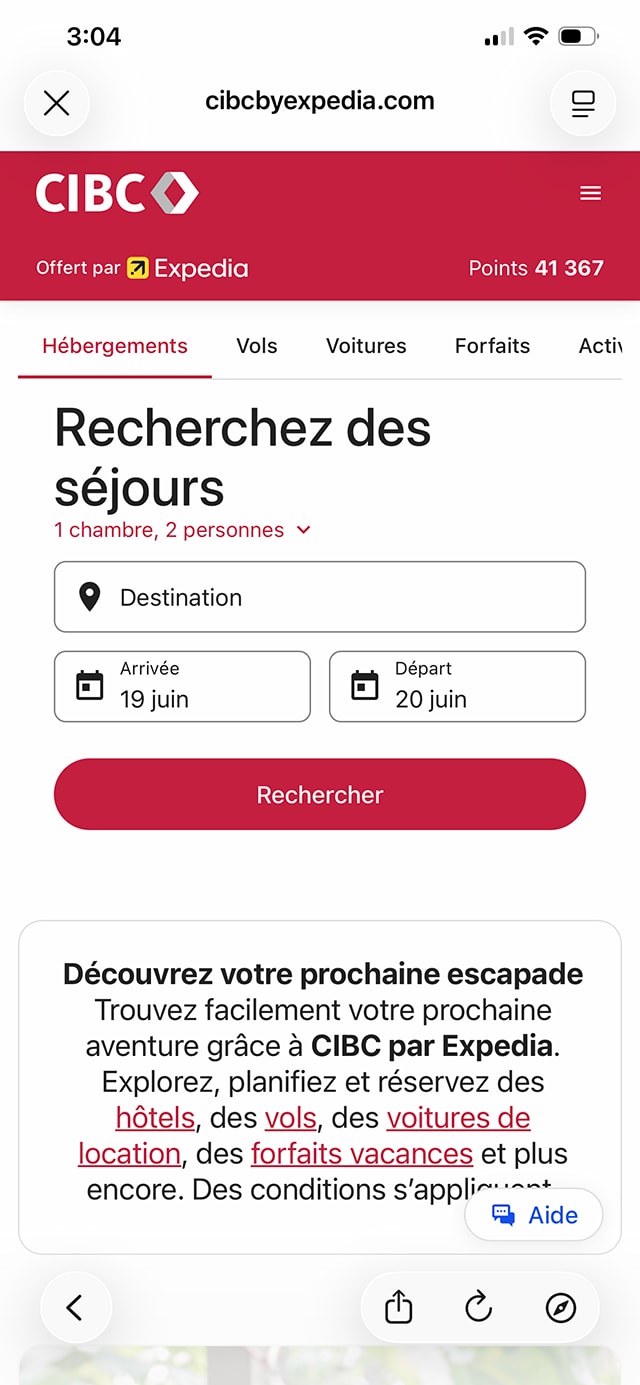 Écran 5 de la démonstration : Primes voyages CIBC. Une animation dynamique met en évidence le bouton de fermeture pour fermer la fenêtre.