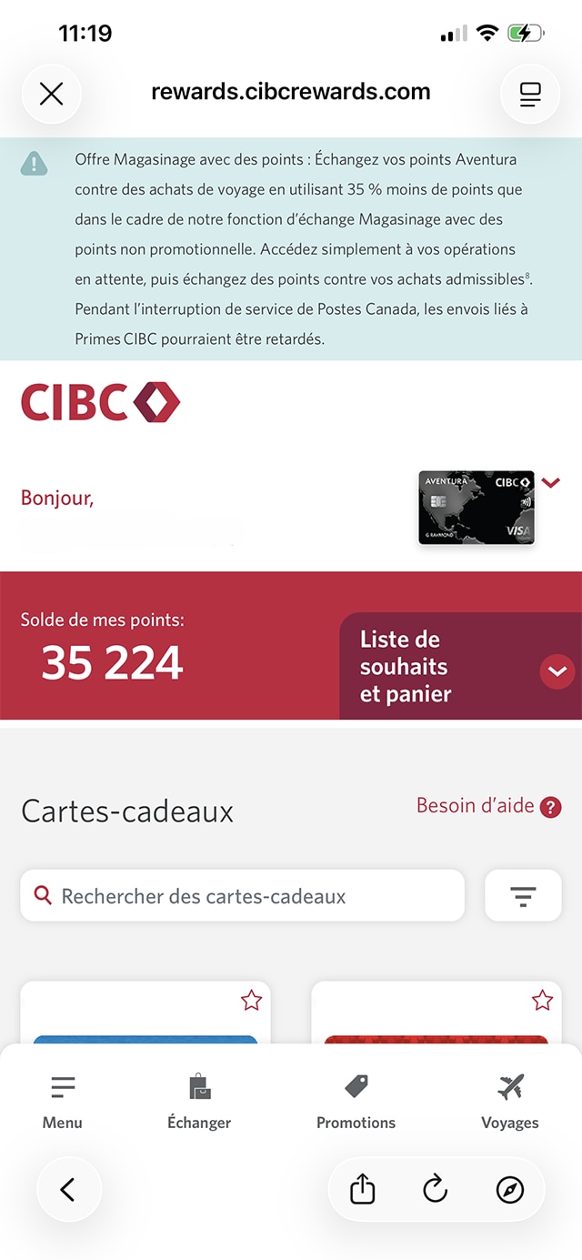 Écran 7 de la démonstration : Page des cartes-cadeaux de l’application Services bancaires mobiles CIBC. Une animation dynamique met en évidence le bouton pour fermer la fenêtre.