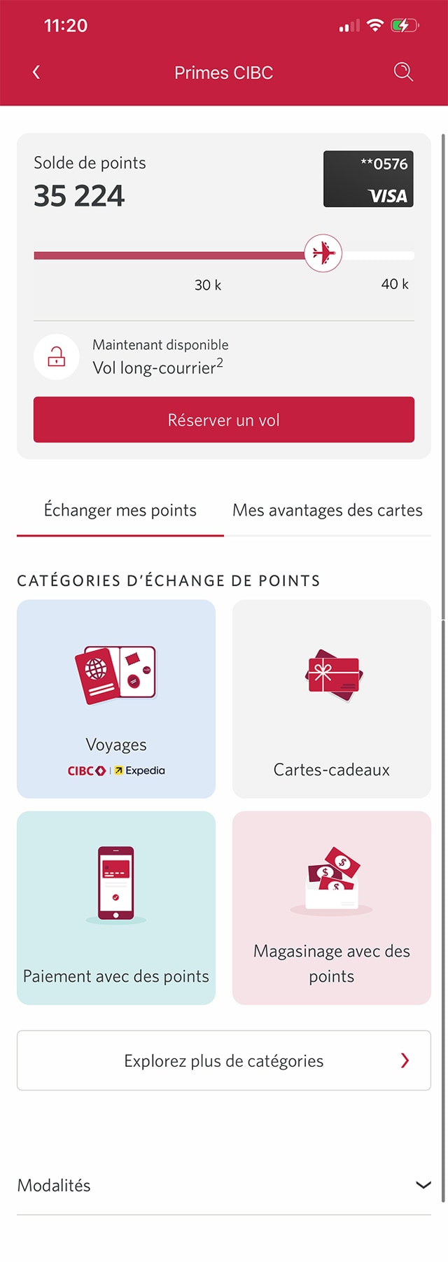 Écran 8 de la démonstration : Page d’échange de primes de l’application Services bancaires mobiles CIBC. Une animation dynamique met en évidence le bouton pour payer avec des points.
