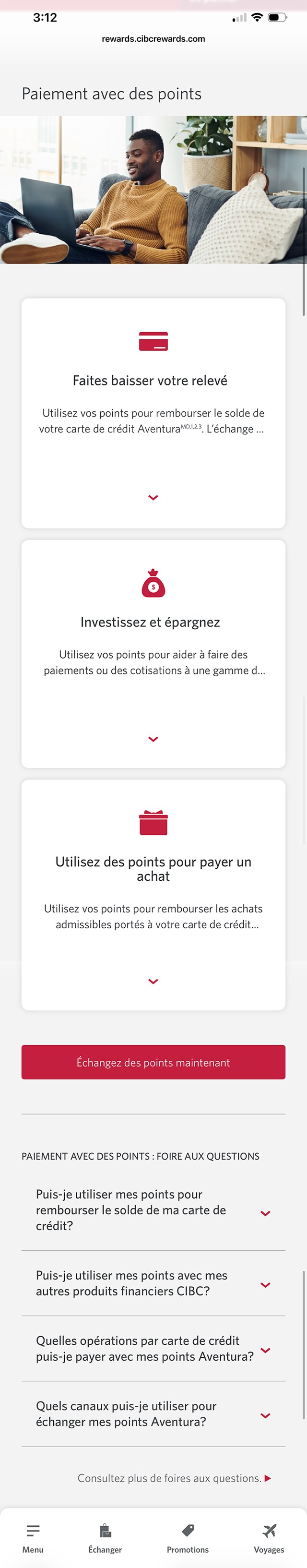 Écran 9 de la démonstration : Page d’échange de primes de l’application Services bancaires mobiles CIBC. Une animation dynamique met en évidence le bouton Échangez des points maintenant.