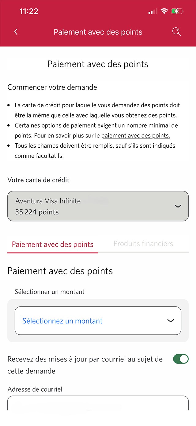 Écran 10 de la démonstration : Page d’échange de primes de l’application Services bancaires mobiles CIBC. Une animation dynamique met en évidence le menu déroulant de sélection du montant.