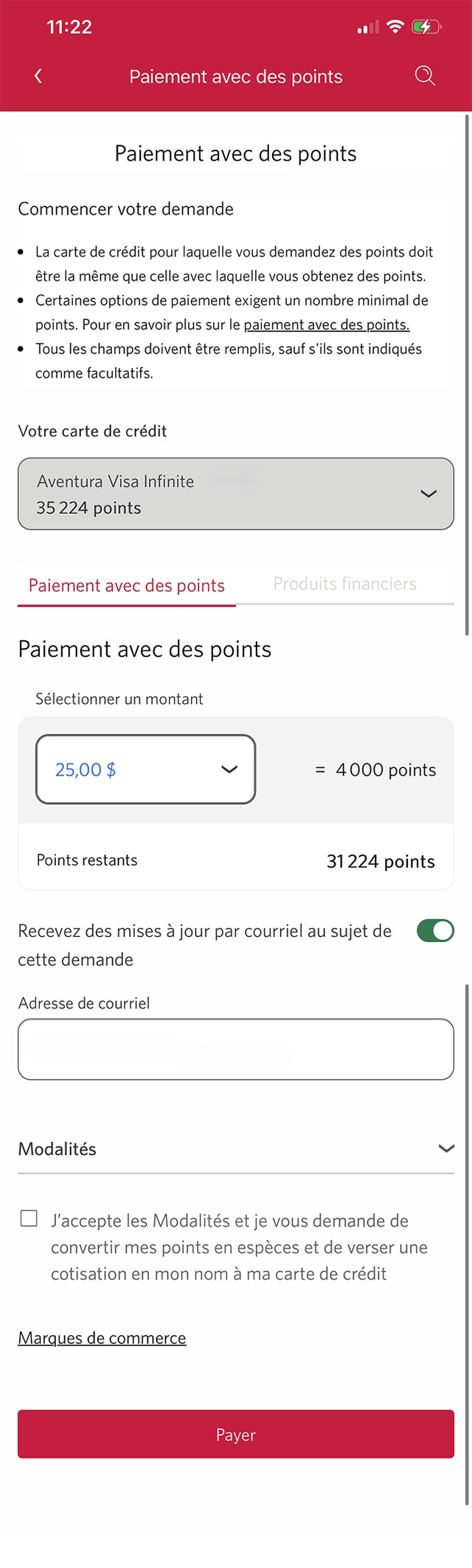 Écran 11 de la démonstration : Page d’échange de primes de l’application Services bancaires mobiles CIBC. Une animation dynamique met en évidence le bouton « Payer ».