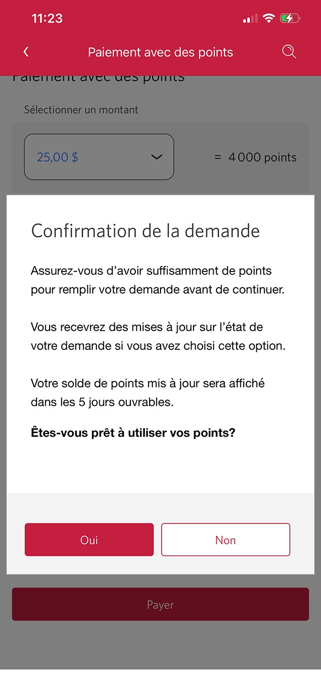 Écran 12 de la démonstration : Confirmez l’opération d’échange de primes dans l’application Services bancaires mobiles CIBC. Une animation dynamique met en évidence le bouton Oui.