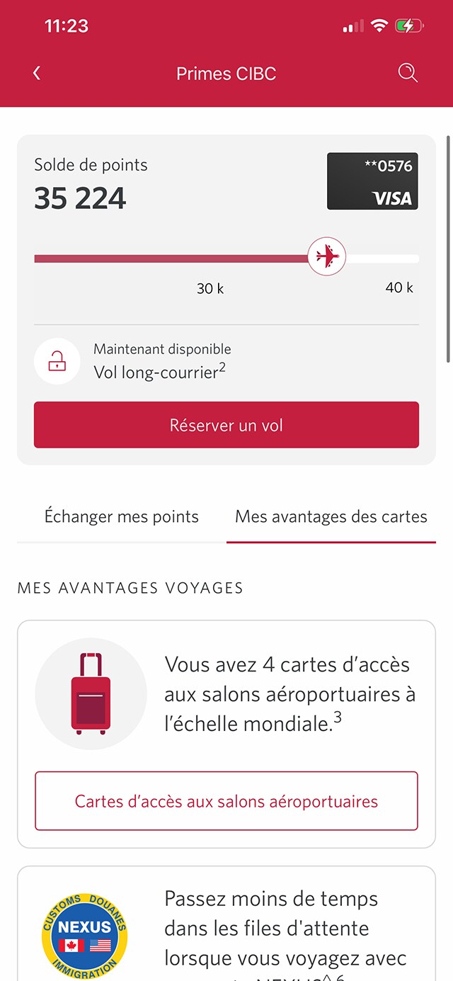 Écran 14 de la démonstration : Avantages de ma carte dans l’application Services bancaires mobiles CIBC. Une animation dynamique met en évidence le bouton Précédent.