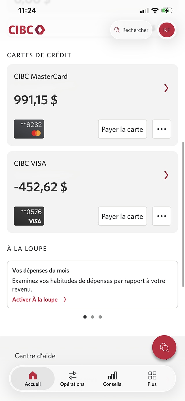 Écran 15 de la démonstration : Page d’accueil de l’application Services bancaires mobiles CIBC. Une animation dynamique met en évidence le bouton de compte CIBC Mastercard.