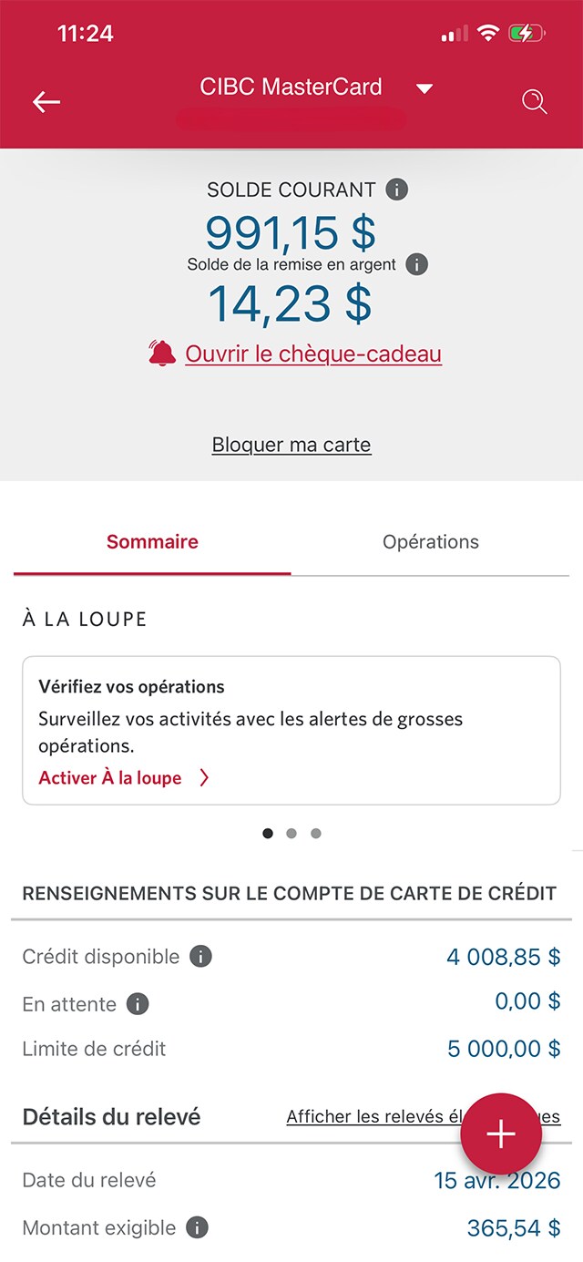 Écran 16 de la démonstration : Application Services bancaires mobiles CIBC – Compte Mastercard CIBC. Une animation dynamique met en évidence le lien « Ouvrir le chèque-cadeau ».