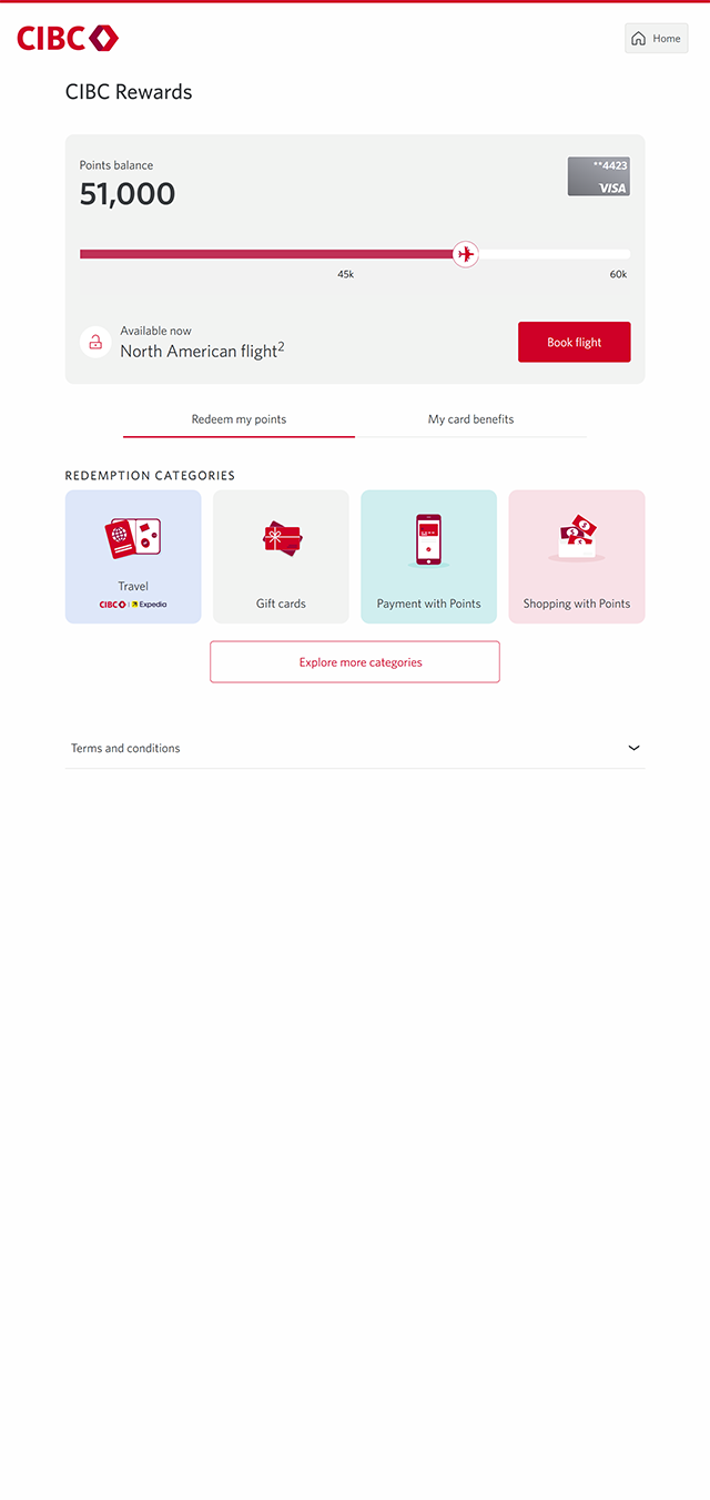 Demo screen 4: CIBC Online Banking rewards. A pulsing animation highlights the "Travel" button.