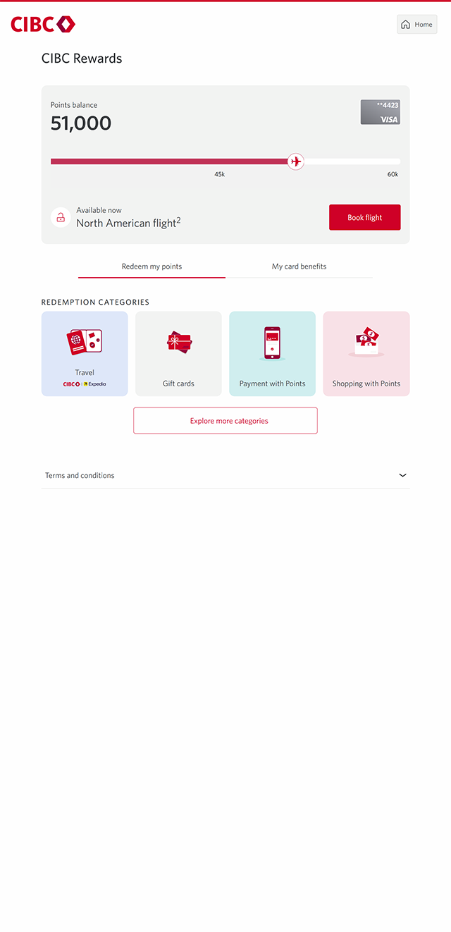 Demo screen 6: CIBC Online Banking rewards. A pulsing animation highlights the "Gift cards" button.
