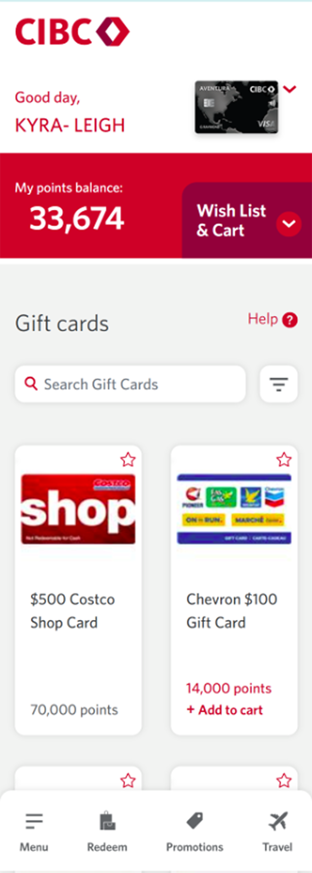 Demo screen 7: CIBC Online Banking gift card rewards. A pulsing animation highlights the "More" link.