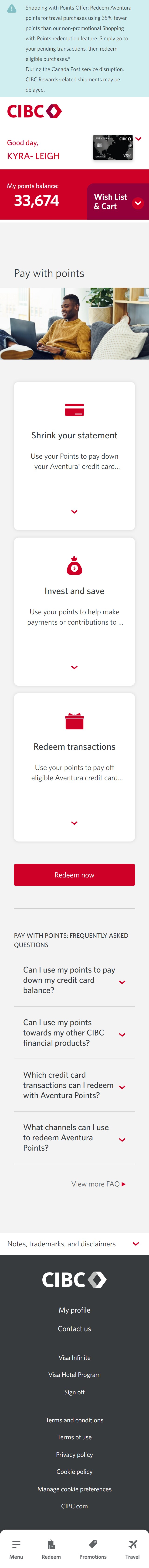 Demo screen 9: CIBC Online Banking rewards pay with my points. A pulsing animation highlights the "Redeem now" button.