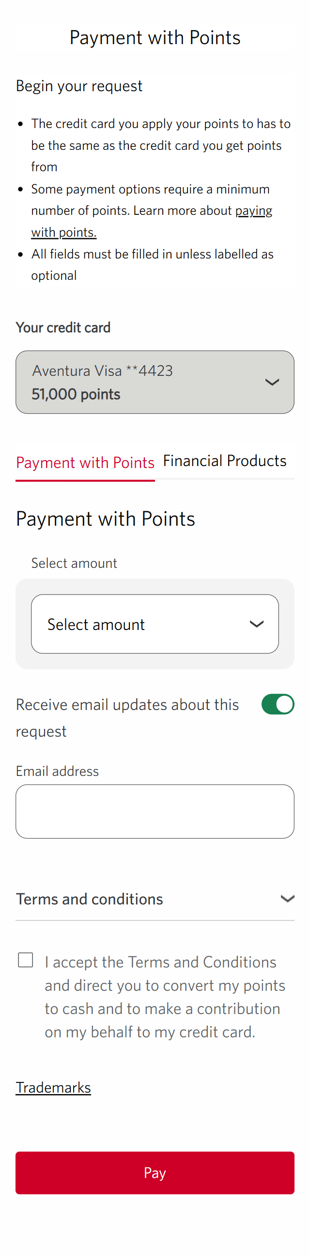 Demo screen 10: CIBC Online Banking rewards payment my points. A pulsing animation highlights the "Select amount" combo box.
