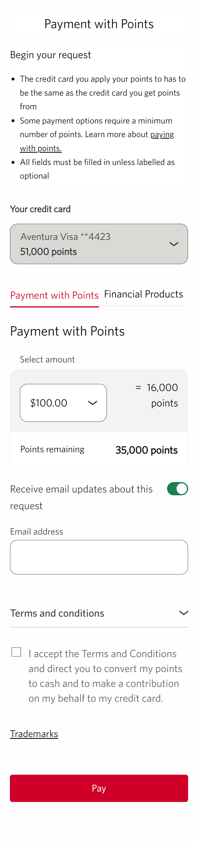 Demo screen 11: CIBC Online Banking rewards payment my points. A pulsing animation highlights the "Pay" button.